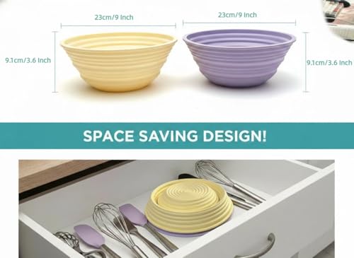 Foldable Silicone Banneton Bread Proofing Baskets 2 Pcs 9 Inch Round Non-Stick Proofing Bowl Baking Basket Oven and Dishwasher Safe, Easy to Clean, Making-BPA Free (Yellow and Purple)