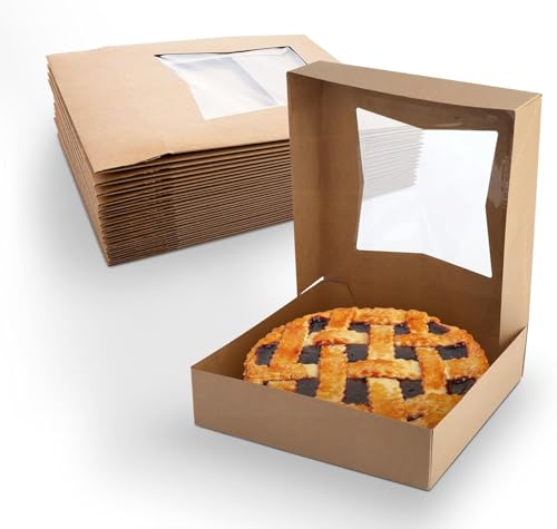 MT Products Kraft Bakery Boxes 9" x 9" x 2.5" - Auto Pop-Up Pie or Cake Boxes with Window (Pack of 200) - Made in the USA - color: Brown
