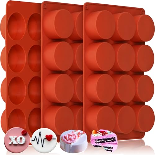 HKNMTT Round Silicone Molds 3 PCS, 12-Cavity 2.1" Round Cylinder Chocolate Covered Cookie Mold, Food Grade Non-Stick Baking Moulds for Candy Handmade Soap Pudding Jello Mini Cake Jelly Brownie