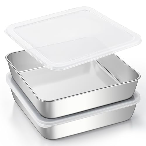 8x8 Inch Baking Pan with lid,18/0 Stainless Steel Square Cake Pan,Set of 2 - color: Flat lid