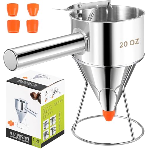 Pancake Batter Dispenser 20OZ/40 OZ | Stainless Steel Funnel Cake Dispenser with Stand | Leak-Proof Nozzle & Squeeze Handle | Precise Control, for Pancakes, Waffles, Cupcakes & Baked Goods (20OZ)