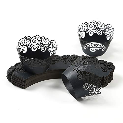 Cupcake Wrappers, KPOSIYA 50 Pack Cupcake Wraps Filigree Artistic Bake Cake Paper Cup Little Vine Laser Cut Liner Baking Cups Muffin Case Trays for Wedding Party Birthday Decoration (50, Black) - color: Black, size: Black (Pack of 50)