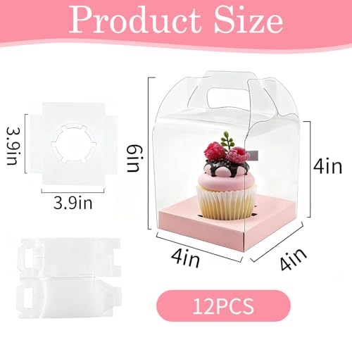 24 Count Individual Cupcake Containers, 4inch Cupcake Boxes Individual, Clear Cupcake Carrier(24, Pink) - color: Pink