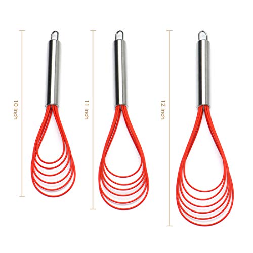 Flat Whisk Set,Stainless Steel 3 Pack 10''+11''+12'' Premium Sturdy-6 Silicone Heads Non Stick Wires Whisk for Blending Beating Stirring Kitchen Cooking Color Red by Jell-Cell - color: Red
