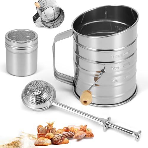 Large Rotary Flour Sifter Set, Stainless Baking with Hand Crank