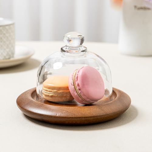 Acacia Wood Small Dessert Plates, 5.1 in Diameter x 3.74 in Height, 2-Pack with Transparent Glass Domes and Flat Bases, for Individual Dessert Display, Wedding Receptions, Birthdays, and Afternoon Tea - color: Two 5.1-inch mini Acaciawood dessert cups