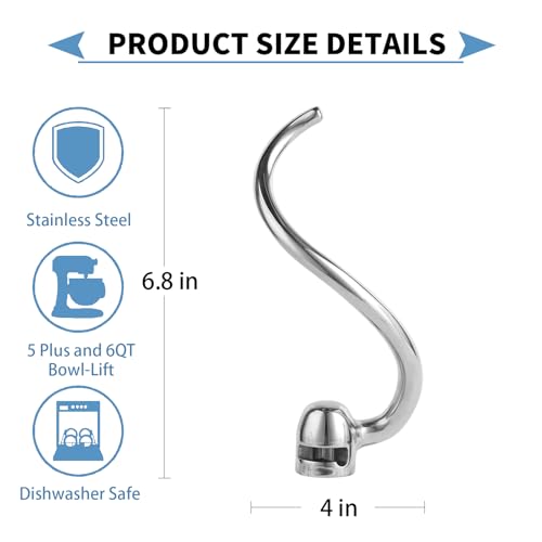 Stainless Steel Spiral Dough Hook for KitchenAid 5 Plus-6QT Mixer - size: Dough Hook