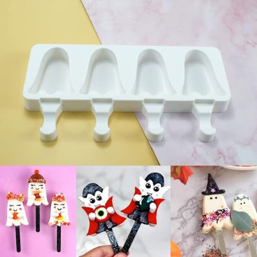 1 Pack Halloween Cute Ghost Shape Popsicle Molds Silicone Ice Pop Molds 4 Cavities Popsicle Molds for Kids Adults Ice Cream Mold Cakesicles Mould DIY Popsicle Maker Homemade Popsicle Silicone Molds B - color: Cute Ghost Popsicle Molds B