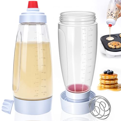 2PCS Pancake Batter Dispenser Bottles with Stainless Steel wire whisk Ball, 1000ml BPA-Free Pancake Squeeze Bottle Ideal for Pancakes Crepes Muffins Waffle Cupcakes