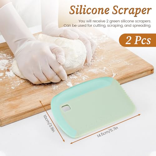 2 Pack Dough Bench Scraper Good Grip, Flexible Silicone Bowl Scraper Tool Kitchen, 3 In 1 Dough Cutter with Serrated Tooth & Measurement for Pastry Bread Pizza Cake