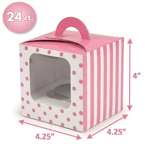 Pink Polka Dot Cupcake Boxes with Window and Handles, 24 Count