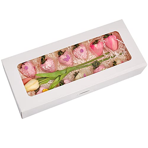 RIFMEAE 24-Pack 14" x 6" x 2.5" Cookie Boxes with Window, Strawberry Boxes, Auto-Popup Bakery Boxes, White Treat Boxes for Strawberries, Cookies, Muffins and Pastries