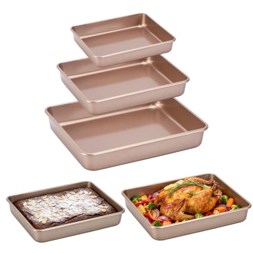 3-Pack Roasting Pan Set, Nonstick Baking Tray, Rectangular Bakeware for Oven, Non-Toxic Coating and Durable Quality (Champagne Gold) - color: Champagne Gold