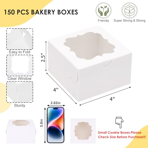 TOMNK 150pcs Small Cookie Boxes with Window, 4x4x2.5In Small Bakery Boxes - color: White