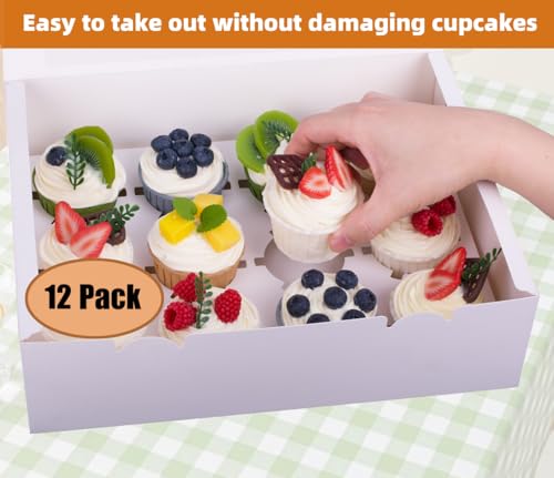 12-Set Cupcake Boxes Hold 12 Standard Cupcakes, Food Grade Cupcake Holders Bakery Carrier Boxes with Windows and Inserts for Cupcakes, Muffins and Pastries (White-12 Pack) - color: White-12 Pack