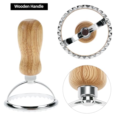 QWORK Ravioli Stamp Maker Cutter with Roller Wheel Set – Wood Handle, Sturdy Aluminum Frame, Precise Fluted Edges – Perfect for Ravioli, Pasta, Cookies