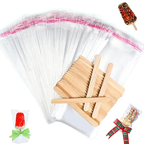 Capoda 600 Pcs Ice Lolly Sticks and Plastic Bags Set,Clear Self-adhesive