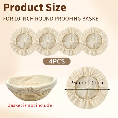 4 Pack Banneton Liners - Bread Proofing Basket Liners 10 Inch Round Banneton Covers Natural Cotton Bread Proofing Cloth for Sourdough Bread Dough Rising Baking
