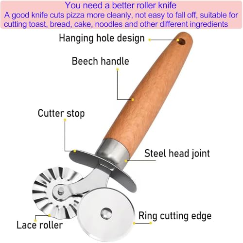 Stainless Steel Double Roller Pastry Wheel Cutter with Long Wooden Handle,Pizza,Ravioli Wheel,Multipurpose Pasta Cutter Wheel for Kitchen
