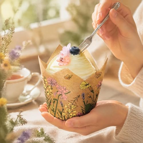 Whaline 100Pcs Wildflower Tulip Cupcake Liner, Colorful Floral Muffin Liner