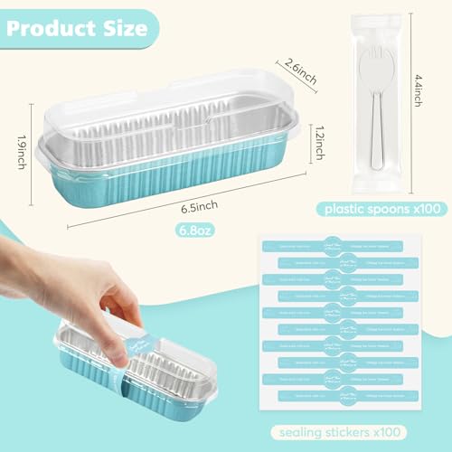 100 Pack Mini Loaf Pans with Lids and Spoons,6.8oz Bule Small Loaf Pans - color: Light Blue