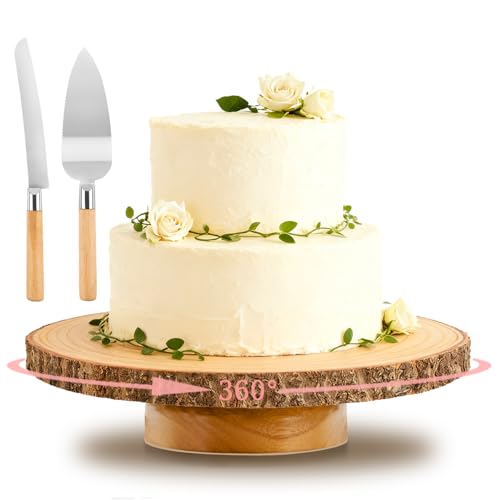 12 Inch Rotating Wooden Cake Turntable with Knife & Server, Round Rustic Cake Display Stand for Party Dessert Decor