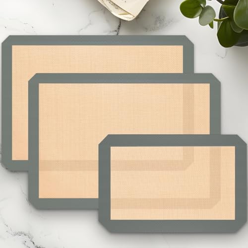 Silicone Baking Mat, 3 Pack Reusable Baking Mat, Non-Stick, Food Safe Silicone Mats for Baking, Oven Baking Sheet for Making Cookies, Macaroons, Bread(Grey 0.7mm) - color: Gray
