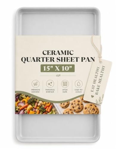 Boxiki Kitchen Ceramic Baking Sheet 15" x 10" Quarter Sheet Pan - KFCC Korean Ceramic Nonstick Cookie Sheet, Heavy Duty Aluminized Steel Baking Tray, Oven Safe to 550°F, For Cookies & Vegetables - color: Ceramic Quarter Sheet Light Grey