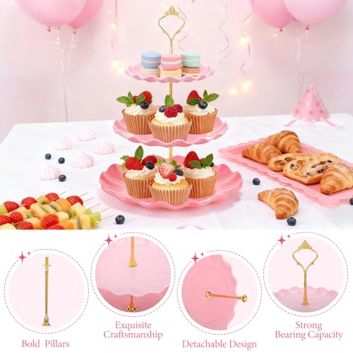 FoldTier 6 Pack Cupcake Stand Set 3 Pcs 3 Tier Gradient Dessert Table Display Stands Cookie Tray Rack 3 X14 in Rectangle Party Trays for Wedding Birthday Tea Party Baby Shower (Pink,Round) - color: Pink, style: Round