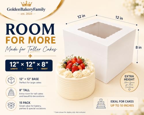 15 Pcs 12in Cake Boxes with Window,12x12x8 Inches White Bakery Boxes - color: White（12 Inch 15 Pack）