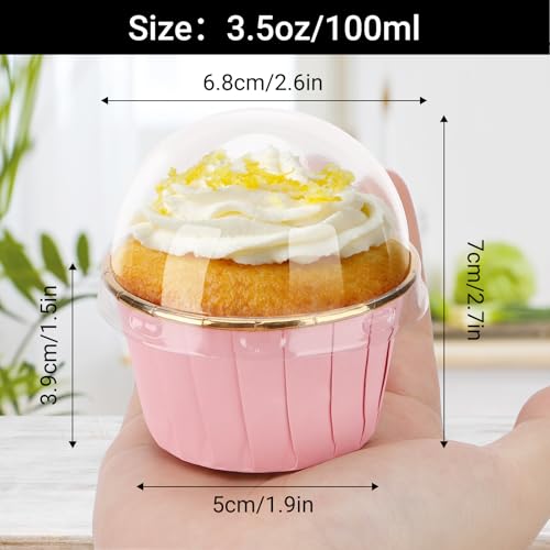 EUSOAR Cupcake Cups, 50pcs 3.5oz Aluminum Mini Cheesecakes Holders Disposable Ramekins, Muffin Liners with Lids Foil Wrappers Cupcake Containers Baking Cups for Birthday Wedding Party Festival - color: Pink/Gold, size: 50pcs