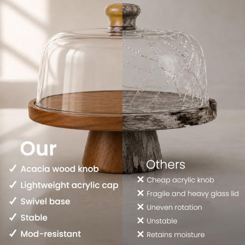 Acacia Wood Cake Stand with Lid Anti-Mold 12 Inch - 2-in-1 Wooden Charcuterie Board - Covered Dessert Plate with Acrylic Dome - Vintage Pastry Display -Tall Domed Serving Stand Platter - Brown - color: F - Brown