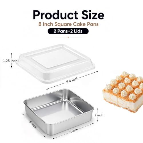 GIUOIDUO 2-Pack 8x8 Inch Baking Pan with Lids - Stainless Steel Square Cake Pan for Cakes, Brownies & Food Storage - Non-toxic & Dishwasher Safe,Set of 2 (2 Pans + 2 Lids) - size: 8x8x2 Inch (High Lid)