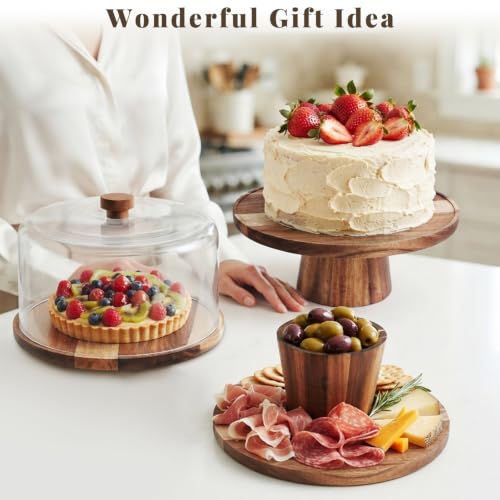 NWK 3-in-1 Acacia Wood 11 inch Cake Stand with Tall Acrylic Lid