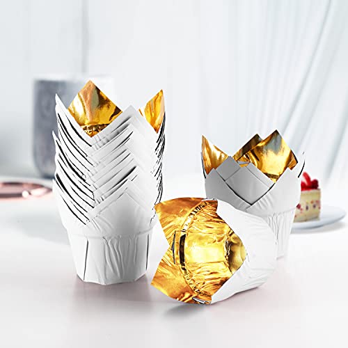 Party Hippo Gold Tulip Cupcake Liners, 100 Count Baking Paper Cups, Greaseproof Cupcake Wrappers for Muffins, Cupcakes, Wedding, Birthday, Baby Shower - color: White