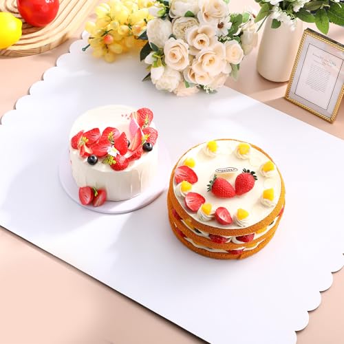 Maxdot 20 Pcs 26 x 18 Inch Rectangle Cake Boards Disposable Single Wall Cake Pad Scalloped Full Sheet Dessert Base White Corrugated Pastry Food Tray Plate for Pizza Display Holiday Party Supplies