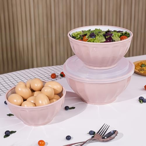 BoxedHome Mixing Bowls with Lids Set, 8 pieces Large 0.2” Thick Plastic Nesting Mixing Bowl, Microwave Safe,Size 5.92, 4.12,3.06,1.80 Quart, Pink - color: 8 PK Pink