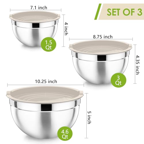 P&P CHEF Stainless Steel Mixing Bowls with Airtight Lids, Khaki - color: Khaki, style: Airtight Lids