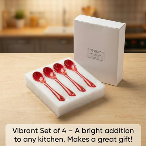 Mini Spoons for Spices, Ceramic Spoon 3.5 inch, Espresso Spoons - color: Red spoon A set of 4