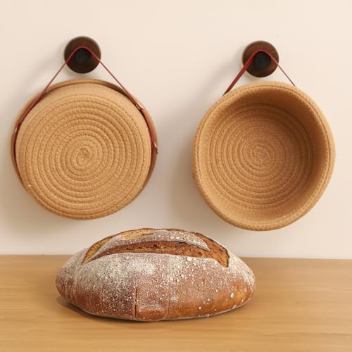 2-Pack Banneton Bread Proofing Baskets – Sourdough Starter Kit for Home Bakers, Cotton Rope Bannetons with Liners, Hanging Hooks & Dough Guide