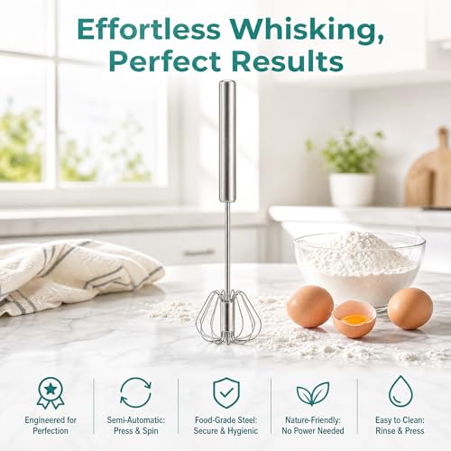 Semi-Automatic Whisk,Stainless Steel Egg Whisk,Premium Stainless Steel Mixer for Kitchen Cooking,ldeal Egg Beater All Purpose Stirrer (10 inch)