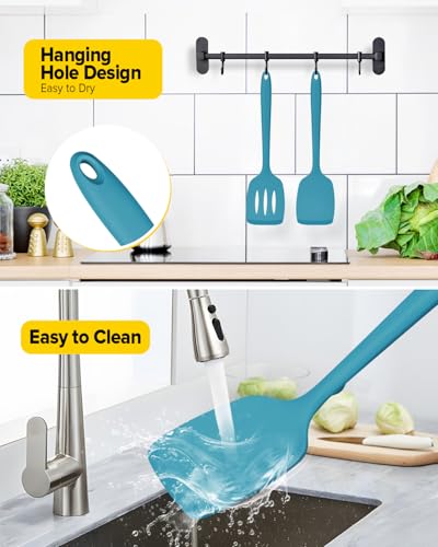BUNDLEPRO Silicone Spatula, Solid & Slotted Turner, One-Piece, 2 Pack, Blue - color: Blue