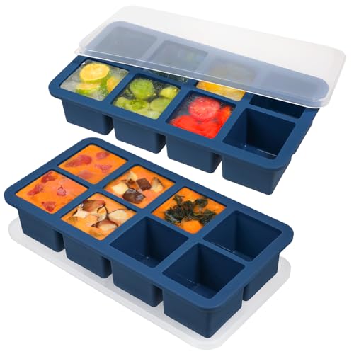 Webake 1/2 Cup Silicone Freezer Tray with Lids, 8-Grid Square Ice Cube Mold, Ideal for Prep & Portion, Large Ice Cube, Storage Soup, Snack, Broth, Leftovers, Pack of 2 - color: Dark Blue