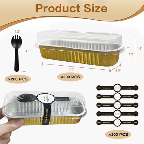 Mini Cake Pans with Lids and Spoons 200 Pack, Mini Loaf Pans with lids 6.8oz, Small Disposable Aluminum Foil Loaf Pans, Rectangular Baking Container for Party, Picnics and Housewarming (Gold) - color: Gold