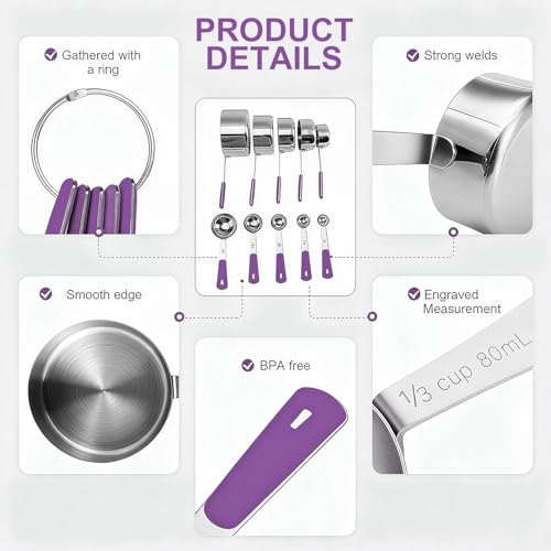 Bopei 10-Pcs Stainless Steel Measuring Cups & Spoons Set, Purple Handles - color: Purple
