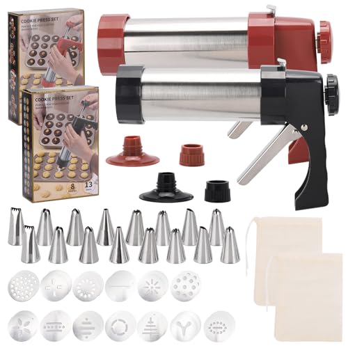 2 Sets Churro Maker Machine, Stainless Steel Cookie Press Gun Kit Churros Maker with 16 Nozzles, 19 Discs Perfect for DIY Decorating Cookies
