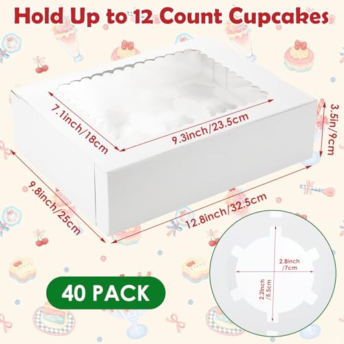 40 PCS Cupcake Boxes 12 Count Bakery Boxes with Window and Inserts