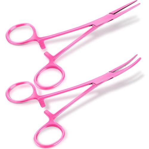 BBTO 2 Pcs Hemostat Forceps Curved Straight, Piercing Pliers,Pink - color: Pink
