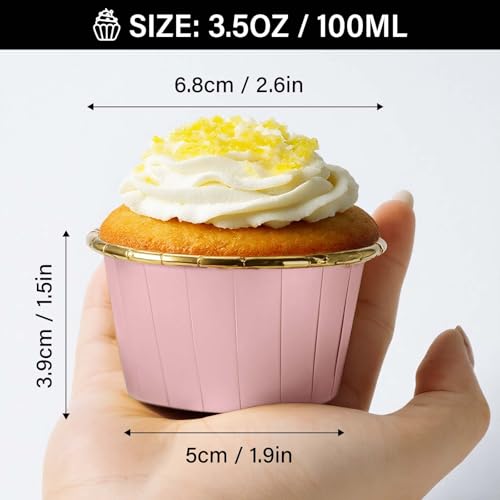 EUSOAR Cupcake Liners, 50pcs 3.5oz Aluminum Foil Wrappers Muffin Cupcake Containers, Disposable Dessert Ramekins Paper Baking Cups Mini Cheesecakes Holders for Birthday Wedding Party-Pink/Gold - color: Pink/Gold, size: 50pcs