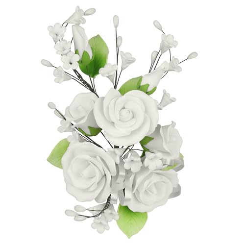 O'Creme Gumpaste Flower Spray White Garden Rose Cake Topper - color: White, style: Garden Rose